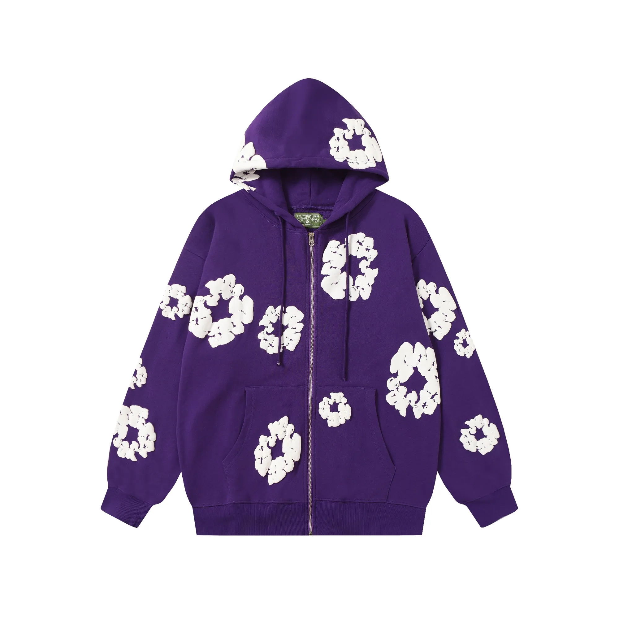 16 colors DENIM TEARS Kapok European and American trendy brand high-quality foam printed hooded sweatshirt jacket. Terry fabric weighs 380 grams. Threads are customized and dyed in the same color. Color Black Gray Blue Green Royal Blue Purple Red Orange Colorful Blue Pink White Sky Blue Brown Carbon Gray Black Gray White White Size S-XL